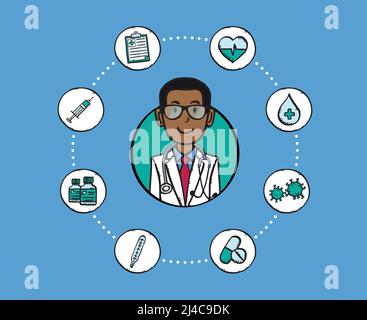 Cartoon vector illustration of doctor with medical icons around him. Hand drawn doodle. Stock Vector