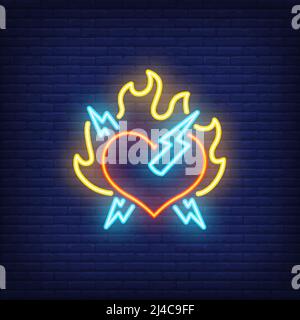 Rock heart with fire and lightning neon sign. Firing heart on dark blue brick wall. Night bright advertisement. Vector illustration in neon style for Stock Vector