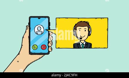 Colorful cartoon style doodle vector illustration of hand holding mobile phone and speech bubble with customer service man in it. Stock Vector