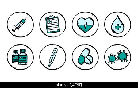 Colorful doodle icons set of healthcare. Hand drawn illustration. Stock Vector