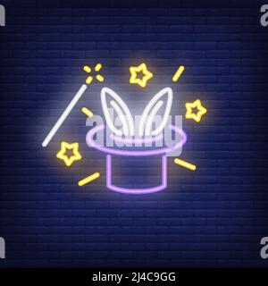 Rabbit ears emerging from magicians hat neon sign. Magic trick performing with magic wand. Night bright advertisement. Vector illustration in neon sty Stock Vector