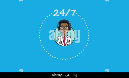 Cartoon vector illustration of 24 hours, seven days a week open health care online and telephone support. Hand drawn doodle. Stock Vector
