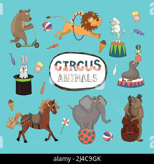 Vector set of colorful circus animals with a central frame with text surrounded by a horse  balancing elephant  seal and poodle  leaping lion  bear on Stock Vector