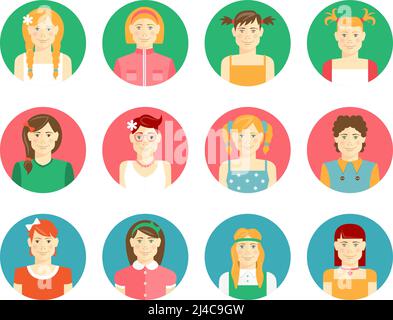 Vector set of twelve smiling girls and young women avatars in flat style with diverse faces  clothing  hairstyles  and hair colors on round web button Stock Vector