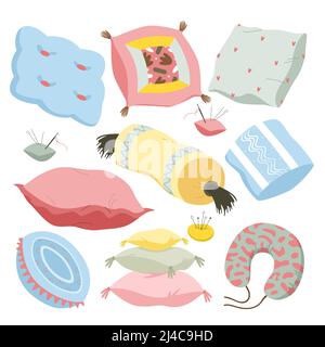 Pillows and colorful pastel cushions set for bed, couch and chair, comfy decor collection Stock Vector