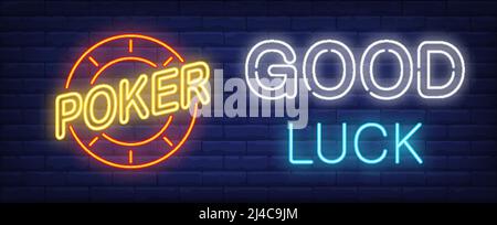 Poker, good luck neon sign. Red chip on brick wall background. Vector illustration in neon style for gambling and online game Stock Vector