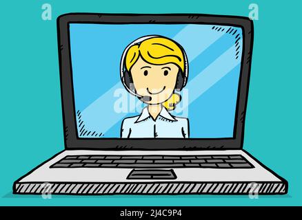 Video conversation with happy blonde customer service woman on laptop screen. Cartoon style colorful vector illustration. Stock Vector