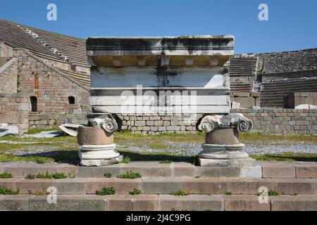 A section of a marble temple frieze, architrave. At Asklepion bathing, healing, medicinal center in old Pergamon, now Bergama city, Turkey Stock Photo