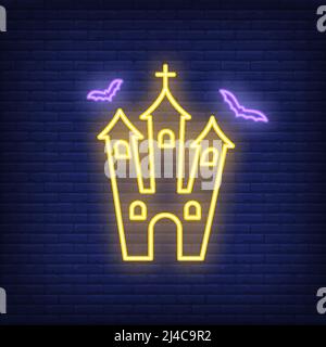 Spooky church neon sign. Luminous signboard with abandoned house. Night bright advertisement. Vector illustration in neon style for Halloween, horror, Stock Vector