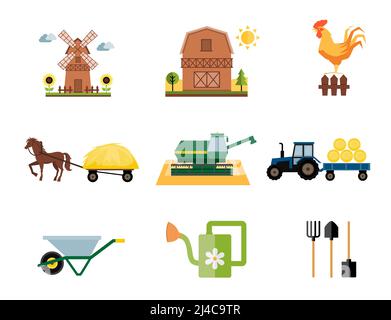 vector colored farm and farming icons in flat style Stock Vector