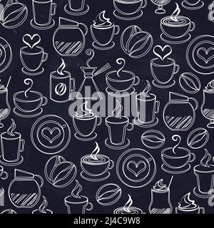 Coffee seamless background vector pattern with white icons on black of a coffee pot and percolator  steaming mugs and cups  beans  hearts  espresso  f Stock Vector