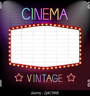 Cinema premiere vintage advetrising neon lights sign board vector illustration Stock Vector