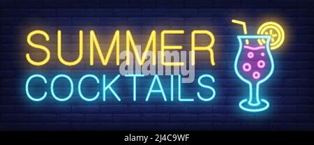 Summer cocktails neon sign. Glowing lettering with cocktail on brick background. Night bright advertisement. Vector illustration in neon style for bar Stock Vector