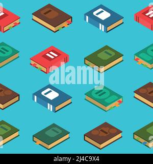 Printed book seamless pattern on blue background isometric vector illustration Stock Vector
