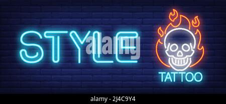 Style neon text with skull on fire. Tattoo salon or studio concept. Advertisement design. Night bright neon sign, colorful billboard, light banner. Ve Stock Vector