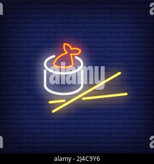 Sushi roll with fish and chopsticks neon sign. Food, restaurant, Japanese cuisine. Advertisement design. Night bright neon sign, colorful billboard, l Stock Vector
