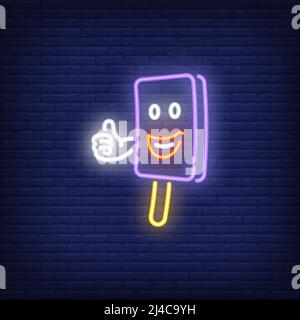 Smiling ice-cream bar character showing thumb up neon sign. Dessert, cafe and food concept. Advertisement design. Night bright colorful billboard, lig Stock Vector