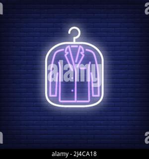 Suit jacket in cover neon sign. Laundry and dry cleaning service concept. Advertisement design. Night bright neon sign, colorful billboard, light bann Stock Vector