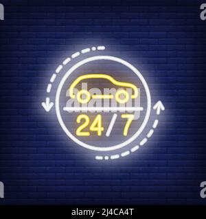 Twenty four hours auto repair shop neon sign. Car in white circle and arrows around. Night bright advertisement. Vector illustration in neon style for Stock Vector