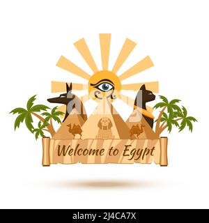 Egypt travel poster element. Pyramid and sun, sphinx and pharaoh, vector illustration Stock Vector