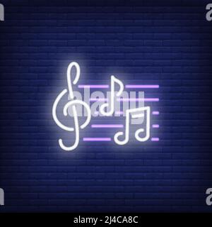 Treble clef and notes neon sign. Music and sound concept. Advertisement design. Night bright neon sign, colorful billboard, light banner. Vector illus Stock Vector