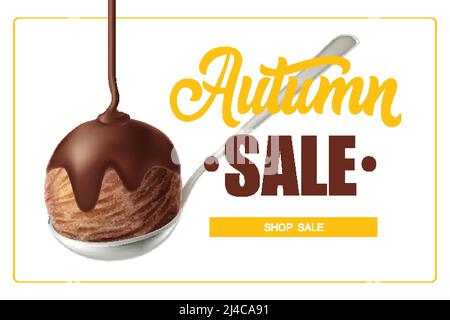 Autumn sale lettering in frame and scoop of chocolate ice cream. Autumn offer advertising design. Handwritten and typed text, calligraphy. For leaflet Stock Vector