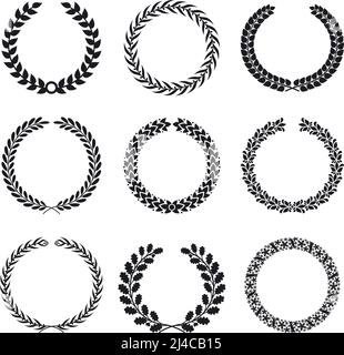 Black silhouettes of circular laurel foliate and wheat wreaths. Victory element,  peace and winner, quality collection sign. Vector illustration Stock Vector