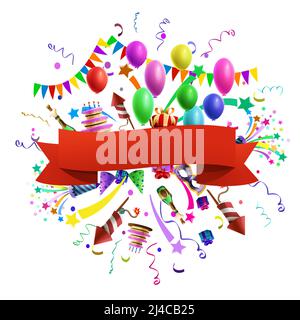 Celebration composition template with red ribbon and balloons decoration on background vector illustration Stock Vector