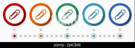 Paperclip, attach concept vector icon set, flat design colorful buttons, infographic template in 5 color options Stock Vector