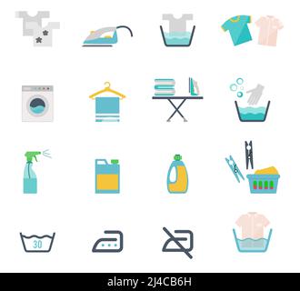 Colored Washing Icons and Laundry Symbols in flat style on white background Stock Vector