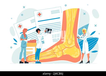 Tiny doctor examining foot or leg ankle on x-ray Stock Vector