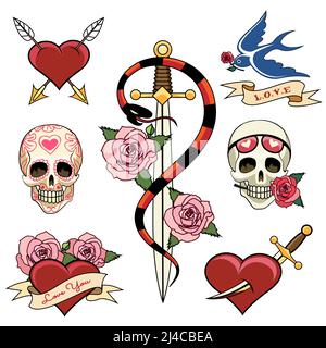 Various Heart  Skull and Dagger Tattoo Graphics Stock Vector