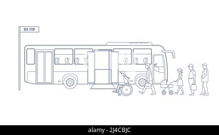 Passengers entering the bus at the bus stop Stock Vector