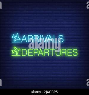 Arrivals and departures neon sign. Information design. Night bright neon sign, colorful billboard, light banner. Vector illustration in neon style. Stock Vector