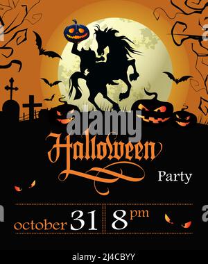 Halloween party lettering with date, headless horseman and moon. Invitation or advertising design. Handwritten text, calligraphy. For leaflets, brochu Stock Vector