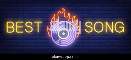 Best song neon text with cd disc on fire. Rock music and advertisement design. Night bright neon sign, colorful billboard, light banner. Vector illust Stock Vector