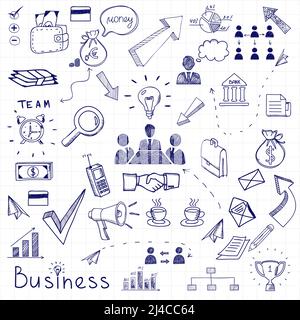 Vector business doodles seamless pattern background with diagrams, humans and ideas bulbs Stock Vector