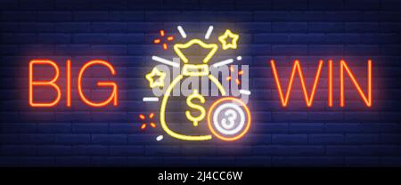 Big win neon sign. Sack of money and ball with figure of three on brick wall background. Vector illustration in neon style for lottery prize Stock Vector