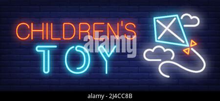 Children toy neon text with flying kite. Childhood and advertisement design. Night bright neon sign, colorful billboard, light banner. Vector illustra Stock Vector