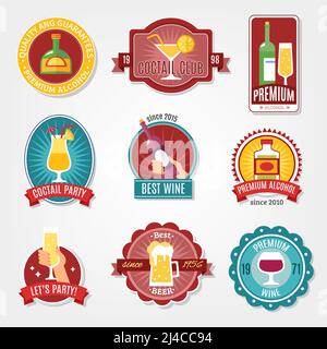 Alcohol labels flat design set for best wine and high quality alcohol beverages isolated vector illustration Stock Vector