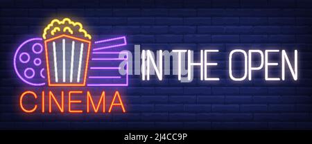 Cinema in the open neon sign. Popcorn box, film reel, clapper on brick wall background. Vector illustration in neon style for movie outdoors Stock Vector