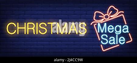 Christmas Mega Sale neon sign. Gift box shape on brick wall background. Vector illustration in neon style for holiday and seasonal offers Stock Vector