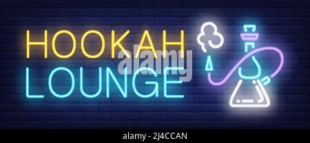 Hookah lounge neon sign. Hookah with smoking hose on brick wall background. Vector illustration in neon style for oriental restaurant and club Stock Vector