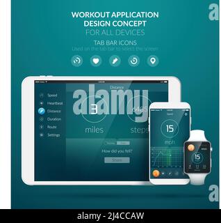 UI design concept with web elements of workout application for different devices isolated vector illustration Stock Vector