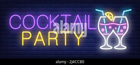 Cocktail party neon sign. Clinking glasses with straws on brick wall background. Vector illustration in neon style for bar, club, invitation, announce Stock Vector
