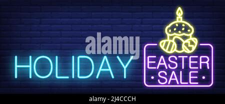Holiday Easter Sale neon sign. Pie, candle and eggs on brick wall background. Vector illustration in neon style for holiday and seasonal promo Stock Vector