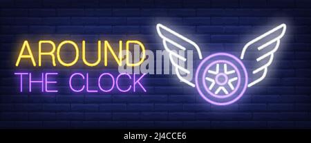 Around the clock neon sign. Yellow and purple text and wheel with wings. Night bright advertisement. Vector illustration in neon style for auto repair Stock Vector