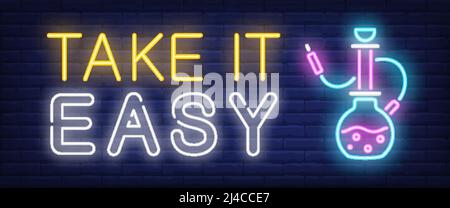 Take it easy neon sign. Hookah with pink pipes and liquids on brick wall background. Vector illustration in neon style for lounge, club, bar Stock Vector