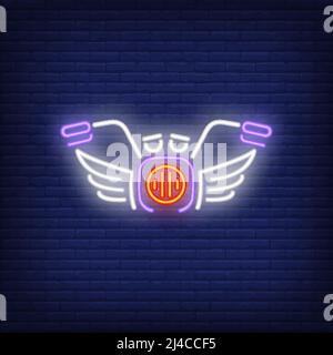 Motor bike neon icon. Face of motorcycle with wings on brick wall background. Racing concept. Vector illustration can be used for neon signs, billboar Stock Vector
