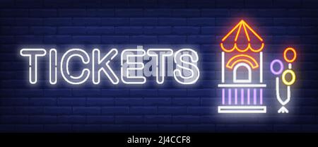Tickets neon text with booth. Amusement park and advertisement design. Night bright neon sign, colorful billboard, light banner. Vector illustration i Stock Vector